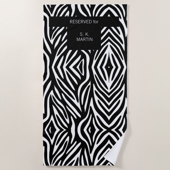 Black and White Zebra Animal Print with Name Beach Towel (Front)