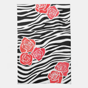 Black and white Zebra pattern + red roses Tea Towel