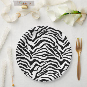 Black and white zebra pattern striped paper plate