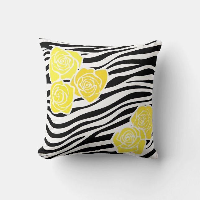 Black and white Zebra pattern + yellow roses Cushion (Front)