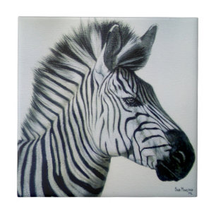 Black and White Zebra Portrait Ceramic Tile
