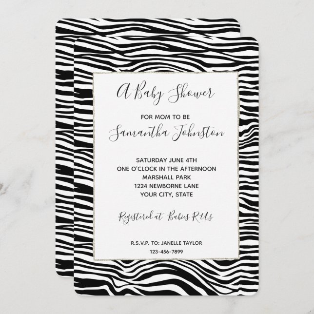 Black and White Zebra Print Baby Shower Invitation (Front/Back)
