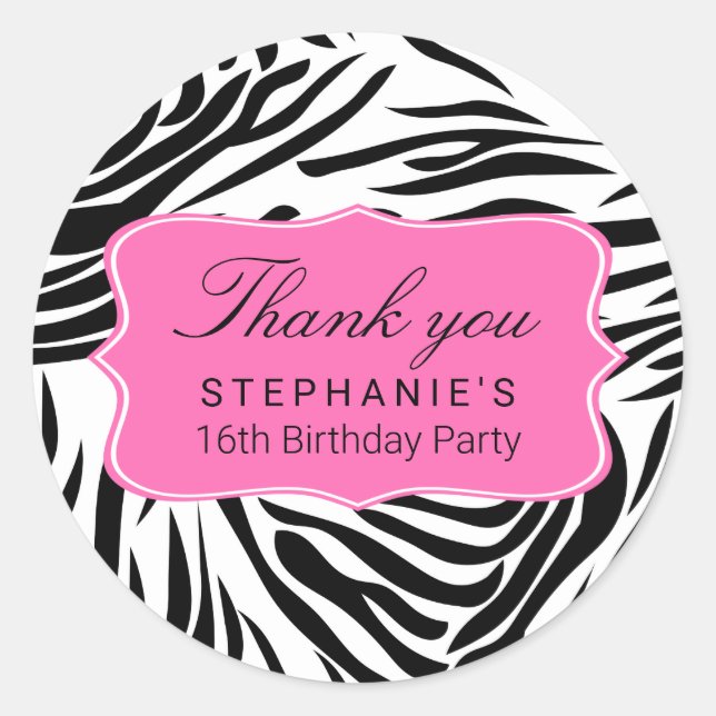 Black and White Zebra Print with Hot Pink Birthday Classic Round Sticker (Front)
