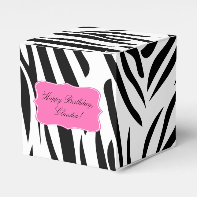 Black and White Zebra Print with Hot Pink Birthday Favour Box (Front Side)