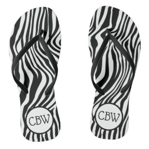Black and White Zebra Stripe Animal Print Monogram Thongs