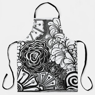 Black And White Zen Floral Patterned Drawing Apron