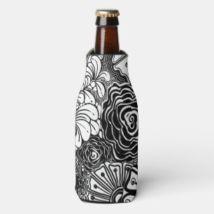 Black And White Zen Floral Patterned Drawing  Bottle Cooler