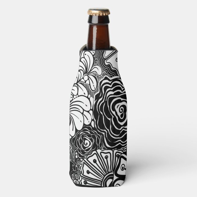 Black And White Zen Floral Patterned Drawing  Bottle Cooler (Bottle Front)