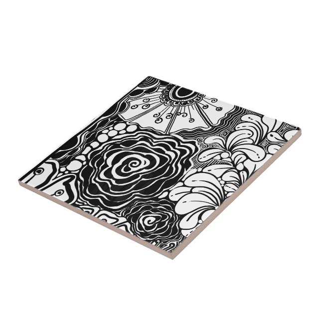 Black And White Zen Floral Patterned Drawing Ceramic Tile (Side)