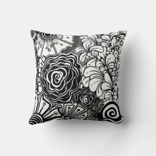 Black And White Zen Floral Patterned Drawing Cushion