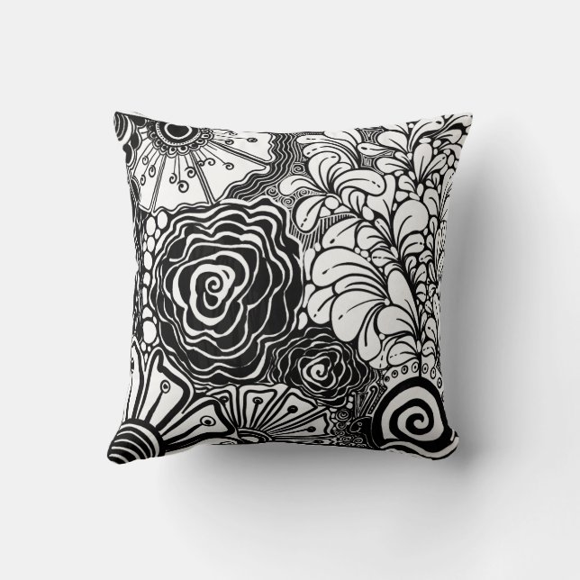 Black And White Zen Floral Patterned Drawing Cushion (Back)