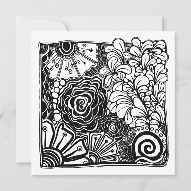 Black And White Zen Floral Patterned Drawing Holiday Card (Front)