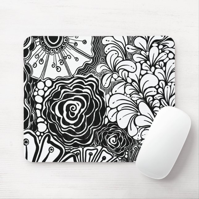Black And White Zen Floral Patterned Drawing Mouse Pad (With Mouse)