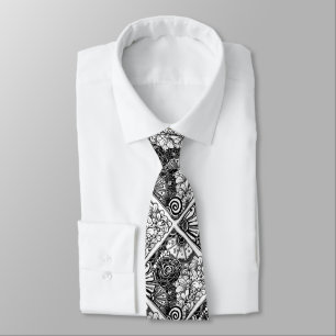 Black And White Zen Floral Patterned Drawing Tie
