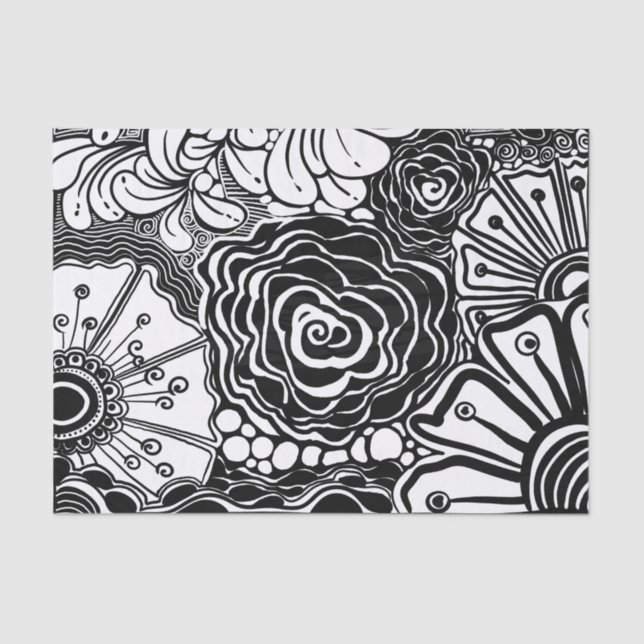 Black And White Zen Floral Patterned Drawing Tissue Paper (Front)