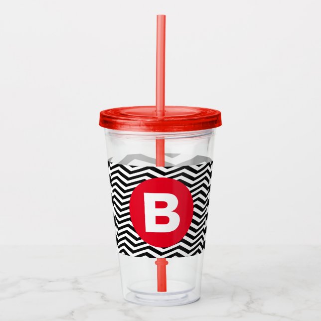 Black and White Zig Zag Pattern Red Monogram Acrylic Tumbler (Front)
