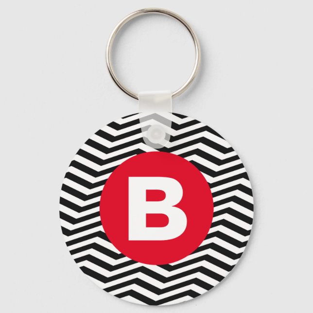 Black and White Zig Zag Pattern Red Monogram Key Ring (Front)