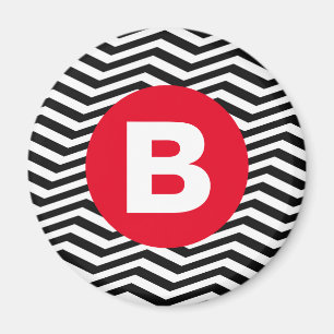 Black and White Zig Zag Pattern Red Monogram Magnet