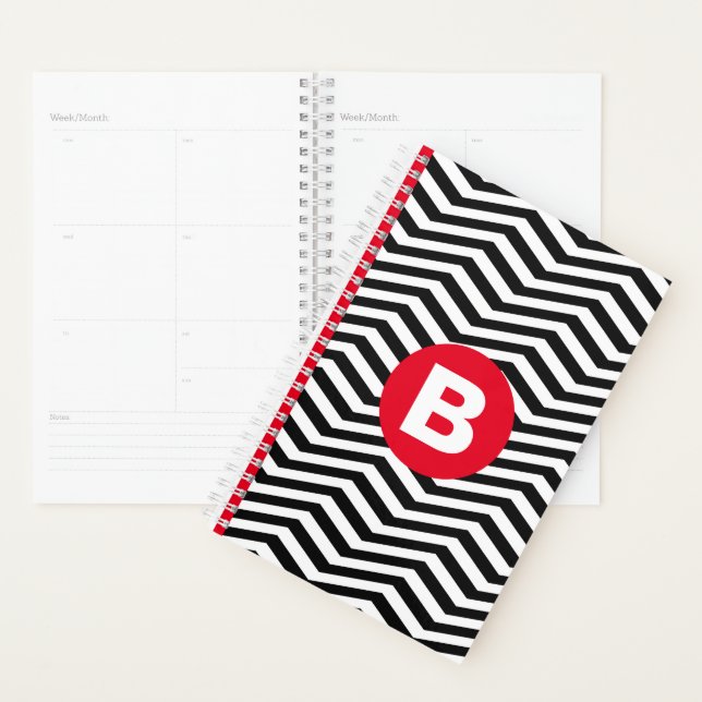 Black and White Zig Zag Pattern Red Monogram Planner (Display)