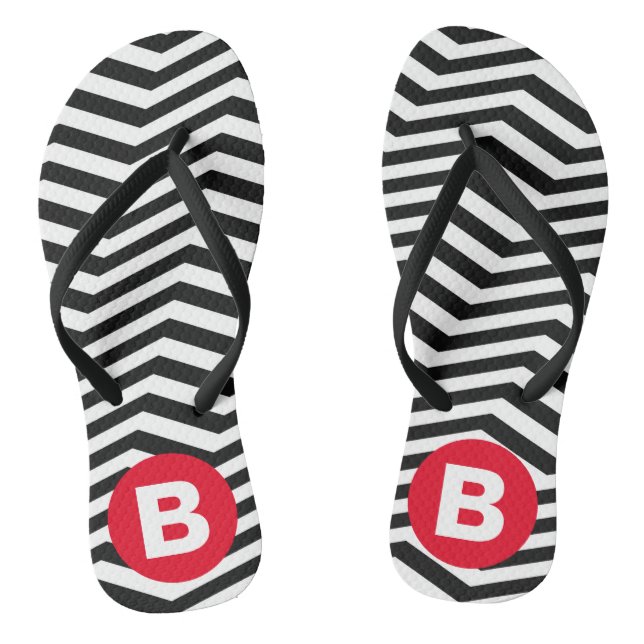 Black and White Zig Zag Pattern Red Monogram Thongs (Footbed)