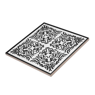 Black And White Zig Zag Wavy Pattern Abstract Art Ceramic Tile