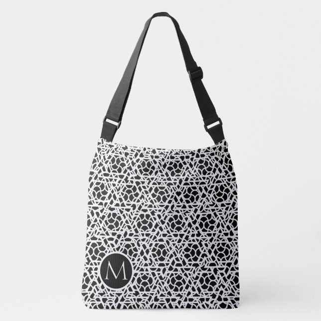 Black and White Ziggy Pattern Custom Monogram Crossbody Bag (Front)