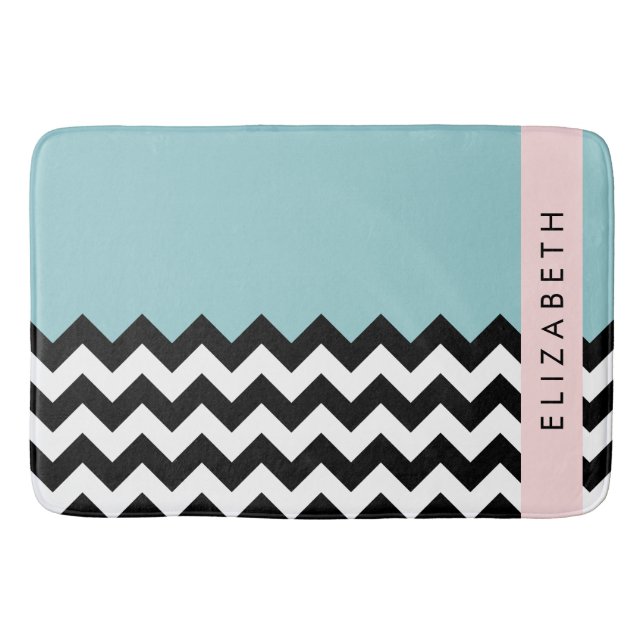 Black and White Zigzag, Chevron, Blue, Your Name Bath Mat (Front)