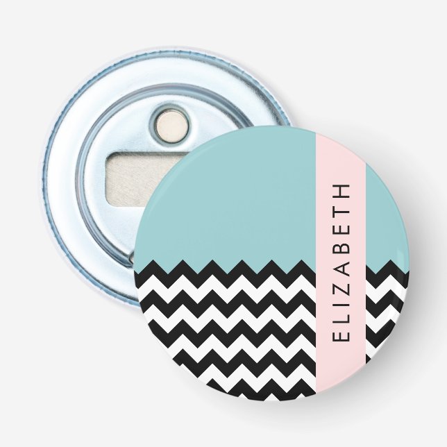 Black and White Zigzag, Chevron, Blue, Your Name Bottle Opener (Front)