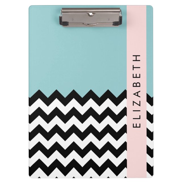 Black and White Zigzag, Chevron, Blue, Your Name Clipboard (Front)