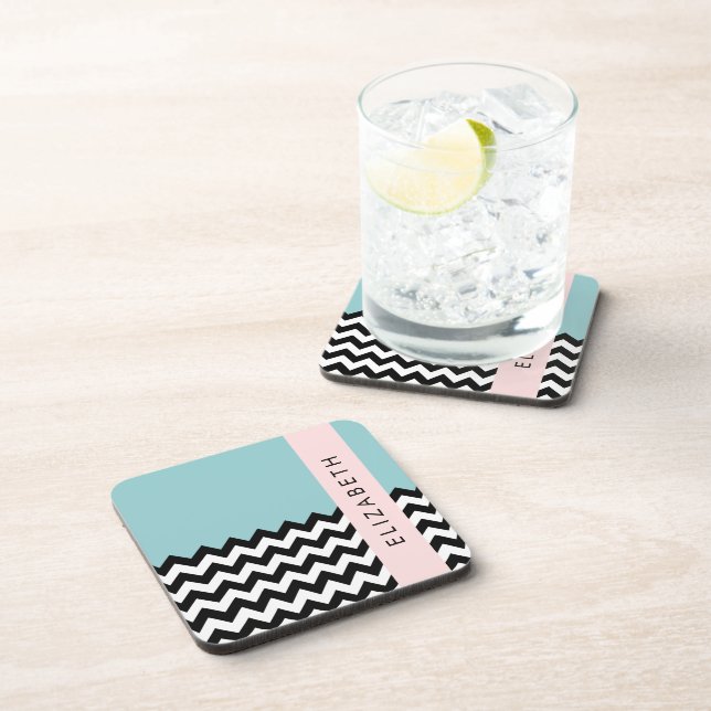 Black and White Zigzag, Chevron, Blue, Your Name Coaster (Right Side)