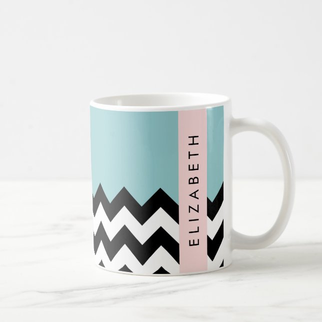 Black and White Zigzag, Chevron, Blue, Your Name Coffee Mug (Right)