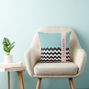 Black and White Zigzag, Chevron, Blue, Your Name Cushion