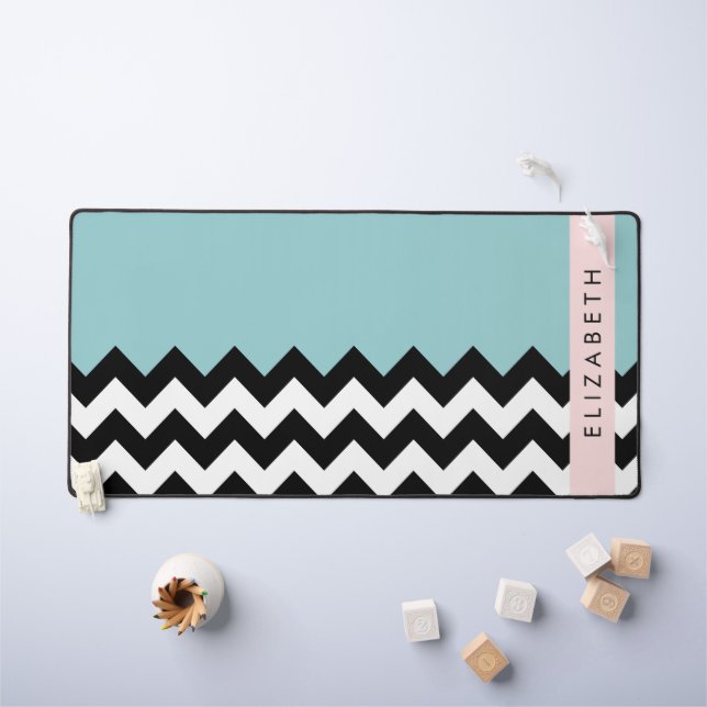 Black and White Zigzag, Chevron, Blue, Your Name Desk Mat (Kids Table)