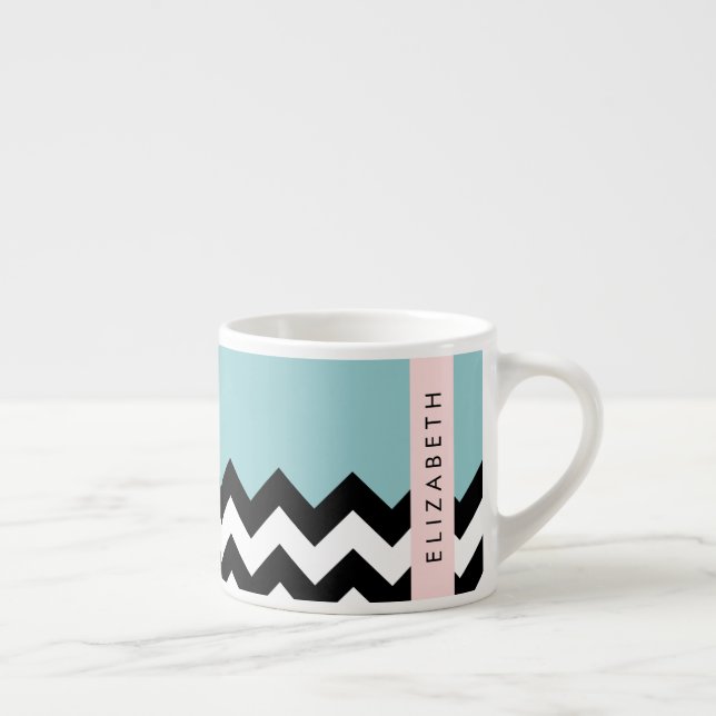 Black and White Zigzag, Chevron, Blue, Your Name Espresso Cup (Right)