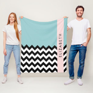 Black and White Zigzag, Chevron, Blue, Your Name Fleece Blanket