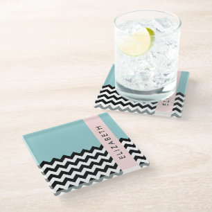 Black and White Zigzag, Chevron, Blue, Your Name Glass Coaster