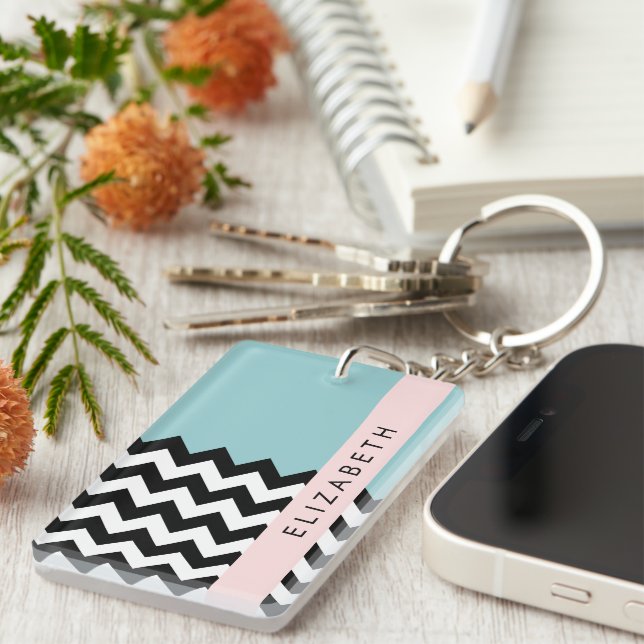 Black and White Zigzag, Chevron, Blue, Your Name Key Ring (Front Right)