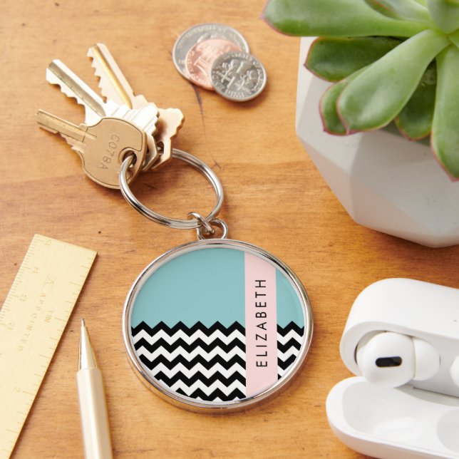 Black and White Zigzag, Chevron, Blue, Your Name Key Ring (Desk)