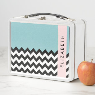 Black and White Zigzag, Chevron, Blue, Your Name Metal Lunch Box