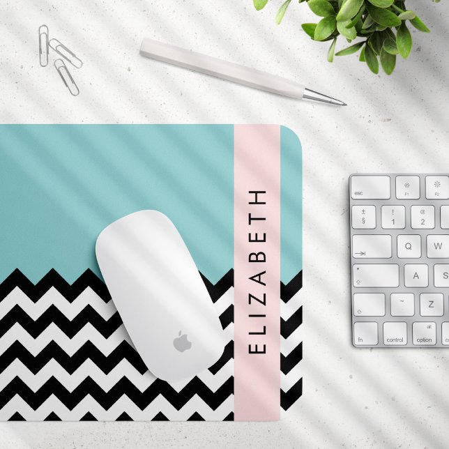 Black and White Zigzag, Chevron, Blue, Your Name Mouse Pad (Creator Uploaded)