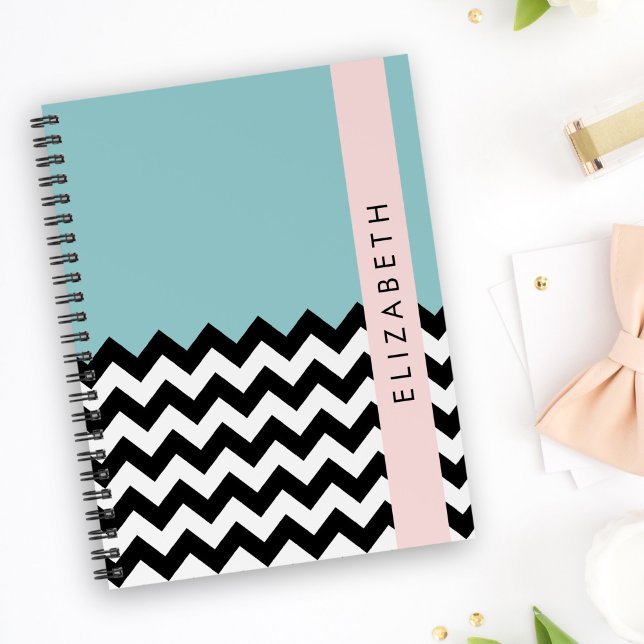 Black and White Zigzag, Chevron, Blue, Your Name Notebook (Creator Uploaded)
