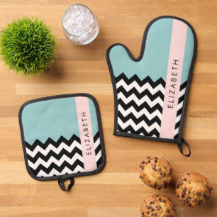 Black and White Zigzag, Chevron, Blue, Your Name Oven Mitt & Pot Holder Set
