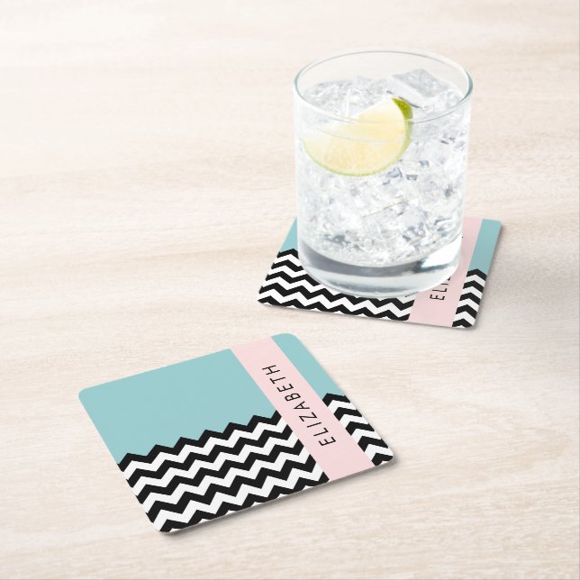Black and White Zigzag, Chevron, Blue, Your Name Square Paper Coaster (Insitu)
