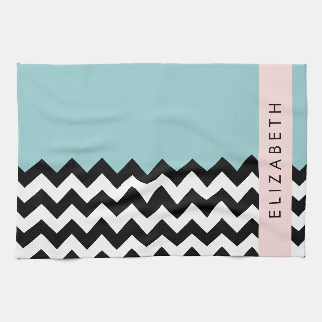 Black and White Zigzag, Chevron, Blue, Your Name Tea Towel (Horizontal)