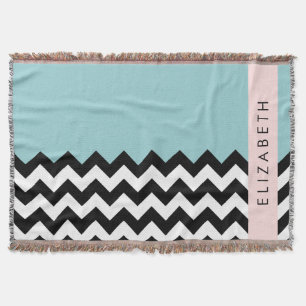 Black and White Zigzag, Chevron, Blue, Your Name Throw Blanket