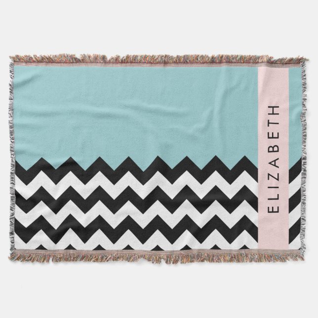Black and White Zigzag, Chevron, Blue, Your Name Throw Blanket (Front)