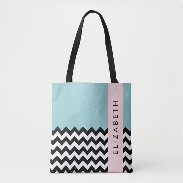 Black and White Zigzag, Chevron, Blue, Your Name Tote Bag (Front)