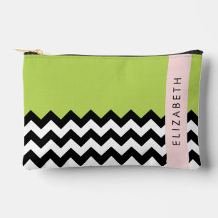 Black and White Zigzag, Chevron, Green, Your Name Accessory Pouch