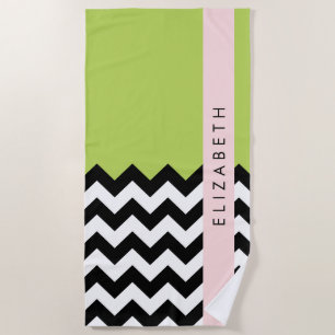 Black and White Zigzag, Chevron, Green, Your Name Beach Towel