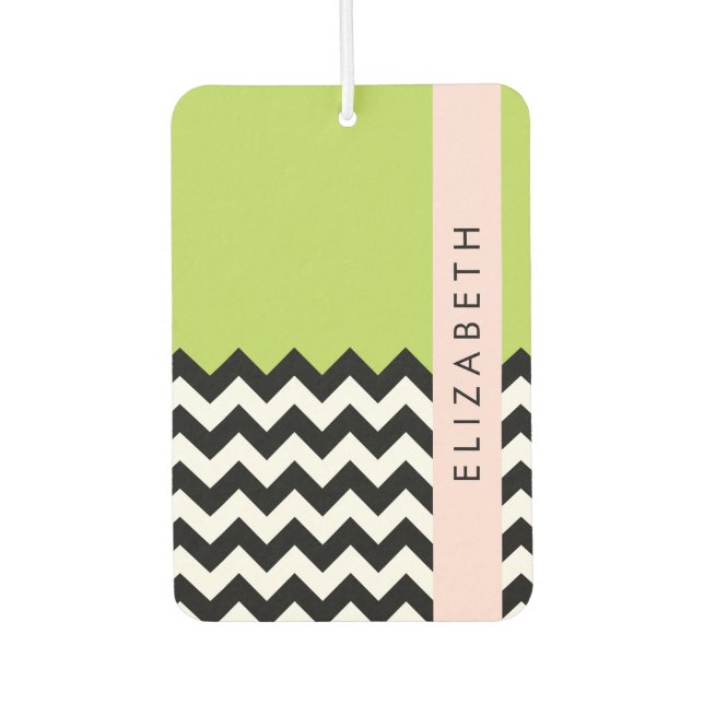 Black and White Zigzag, Chevron, Green, Your Name Car Air Freshener (Front)